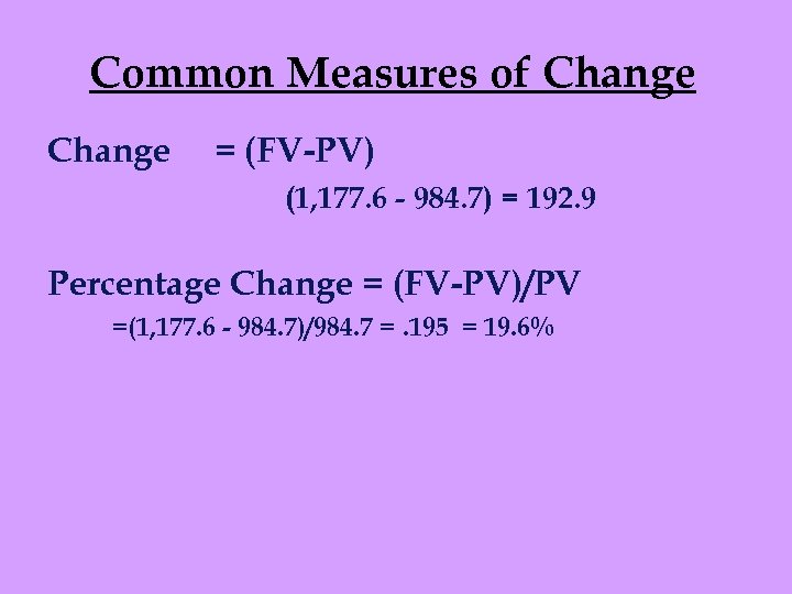 Common Measures of Change = (FV-PV) (1, 177. 6 - 984. 7) = 192.
