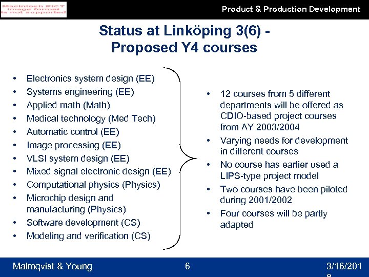 Product & Production Development Status at Linköping 3(6) Proposed Y 4 courses • •