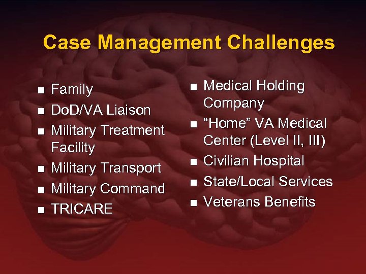 Case Management Challenges n n n Family Do. D/VA Liaison Military Treatment Facility Military