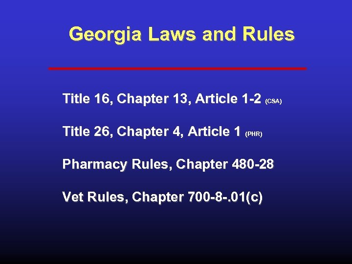 Georgia Laws and Rules Title 16, Chapter 13, Article 1 -2 (CSA) Title 26,