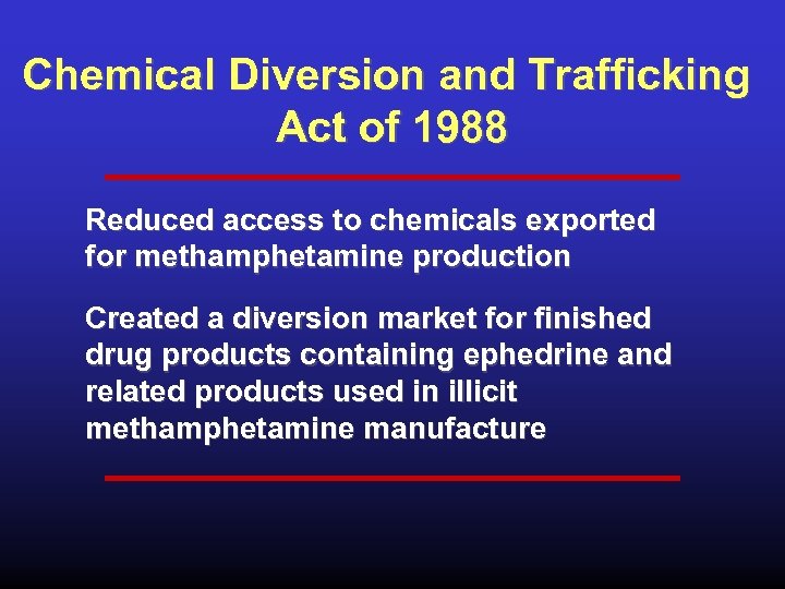 Chemical Diversion and Trafficking Act of 1988 Reduced access to chemicals exported for methamphetamine