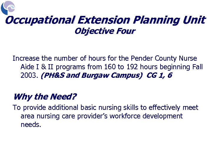 Occupational Extension Planning Unit Objective Four Increase the number of hours for the Pender