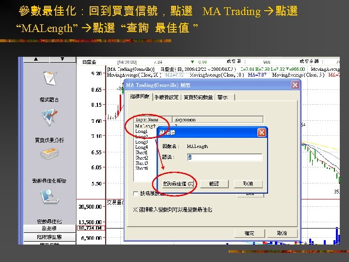 參數最佳化：回到買賣信號，點選 MA Trading 點選 “MALength” 點選 “查詢 最佳值 ” 
