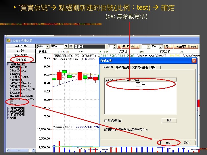  • “買賣信號” 點選剛新建的信號(此例：test) 確定 (ps: 無參數寫法) 空白 