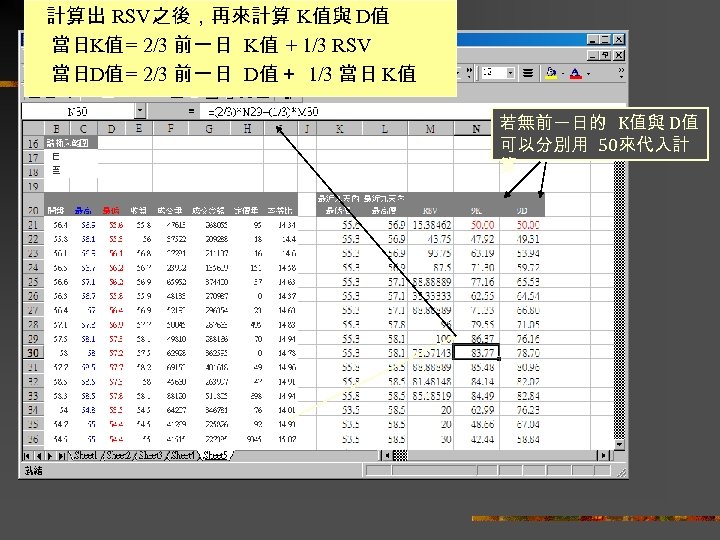 　 計算出 RSV之後，再來計算 K值與 D值 　當日K值 = 2/3 前一日 K值 + 1/3 RSV 　當日D值