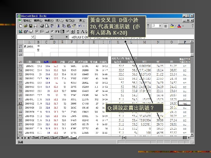 黃金交叉且 D值小於 20, 代表買進訊號 (亦 有人認為 K<20) Q: 請設定賣出訊號？ 