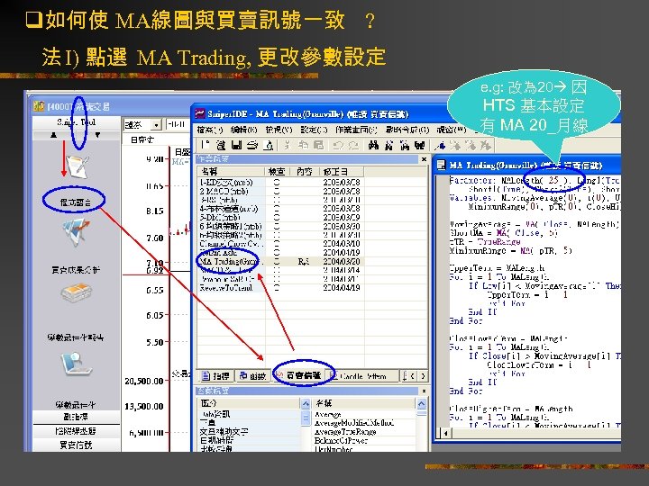 q如何使 MA線圖與買賣訊號一致 ? 法 I) 點選 MA Trading, 更改參數設定 e. g: 改為 20 因