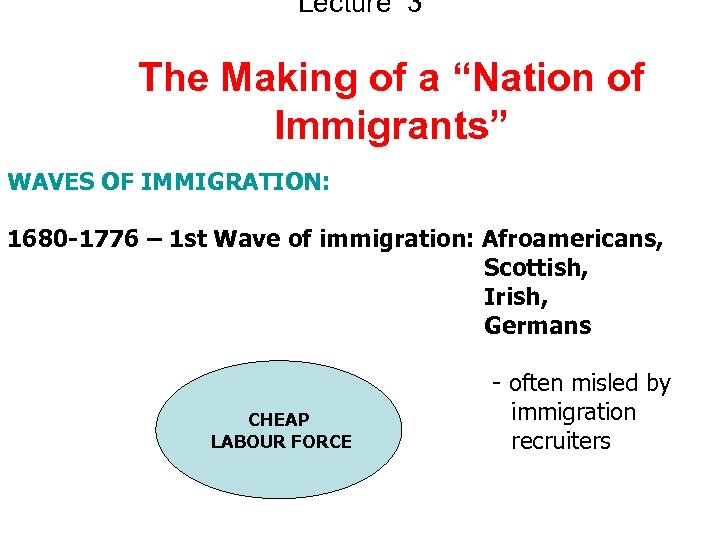 Lecture 3 The Making of a “Nation of Immigrants” WAVES OF IMMIGRATION: 1680 -1776