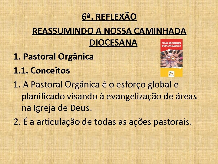 6ª. REFLEXÃO REASSUMINDO A NOSSA CAMINHADA DIOCESANA 1. Pastoral Orgânica 1. 1. Conceitos 1.