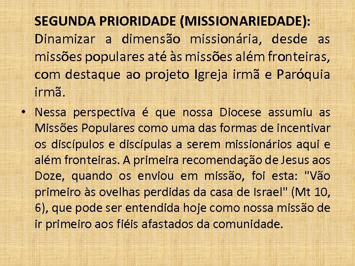 SEGUNDA PRIORIDADE (MISSIONARIEDADE): Dinamizar a dimensão missionária, desde as missões populares até às missões