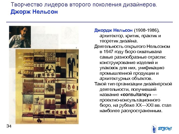 Творчество лидеров второго поколения дизайнеров. Джорж Нельсон Джордж Нельсон (1908 1986), архитектор, критик, практик
