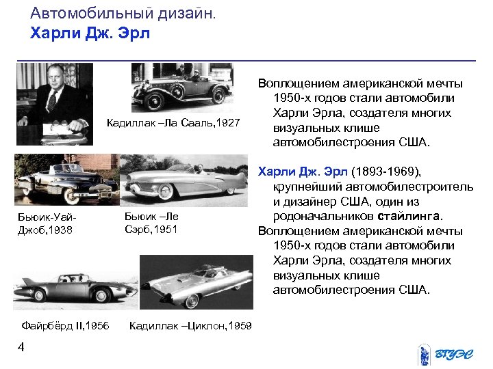 Автомобильный дизайн. Харли Дж. Эрл Кадиллак –Ла Сааль, 1927 Бьюик Уай Джоб, 1938 Файрбёрд