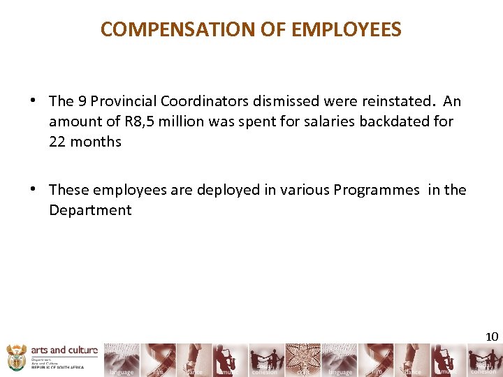 COMPENSATION OF EMPLOYEES • The 9 Provincial Coordinators dismissed were reinstated. An amount of