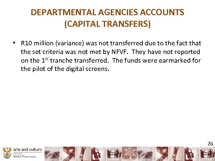 DEPARTMENTAL AGENCIES ACCOUNTS (CAPITAL TRANSFERS) • R 10 million (variance) was not transferred due