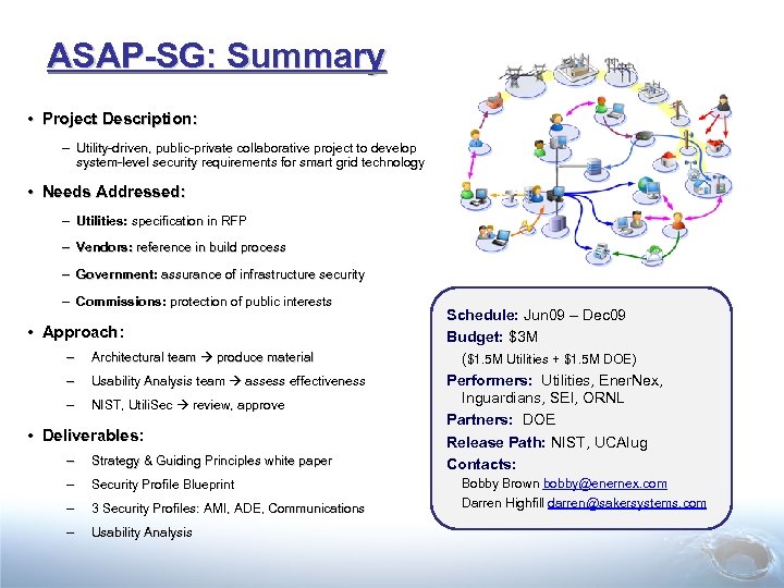 ASAP-SG: Summary • Project Description: – Utility-driven, public-private collaborative project to develop system-level security