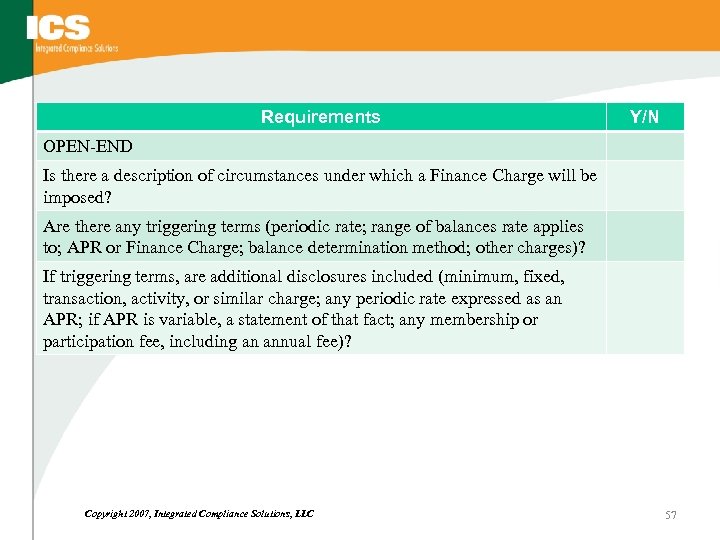 Requirements Y/N OPEN-END Is there a description of circumstances under which a Finance Charge