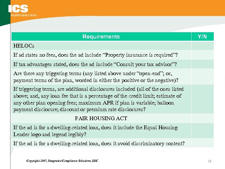 Requirements Y/N HELOCs If ad states no fees, does the ad include “Property insurance