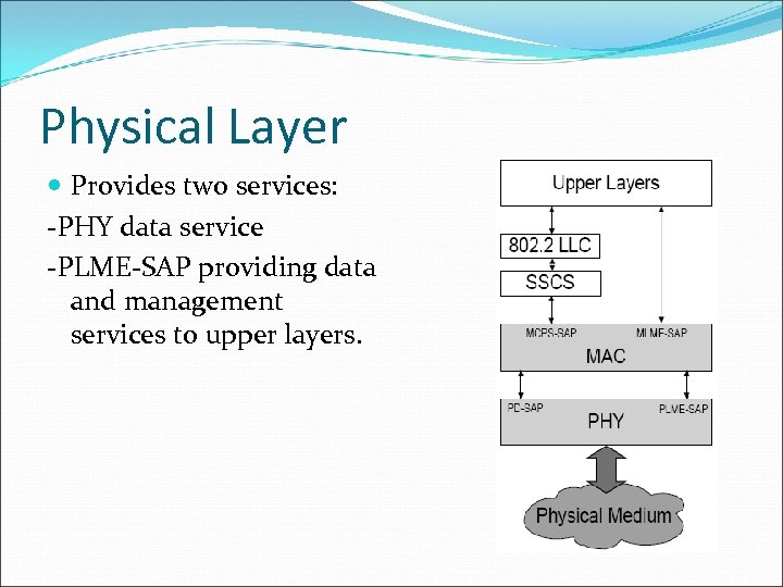 Physical Layer Provides two services: -PHY data service -PLME-SAP providing data and management services