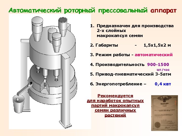 Автоматический роторный прессовальный аппарат 1. Предназначен для производства 2 -х слойных макрокапсул семян 2.