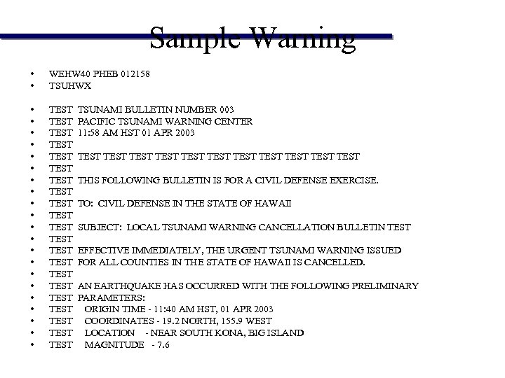 Sample Warning • • WEHW 40 PHEB 012158 TSUHWX • • • • •