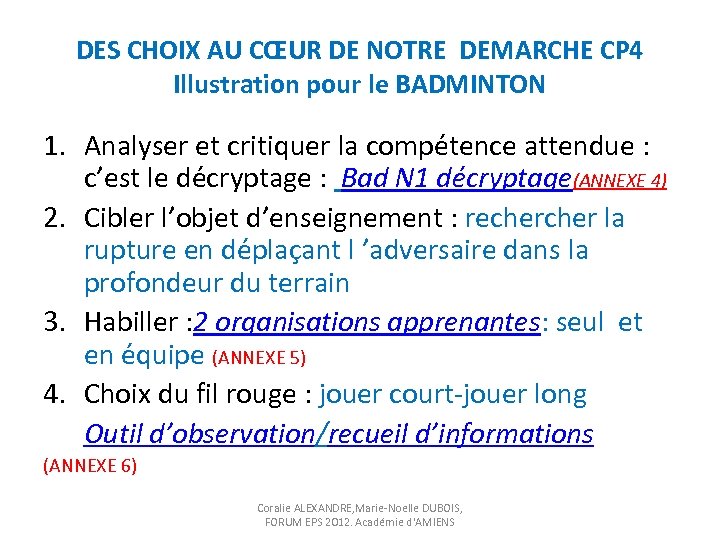 DES CHOIX AU CŒUR DE NOTRE DEMARCHE CP 4 Illustration pour le BADMINTON 1.
