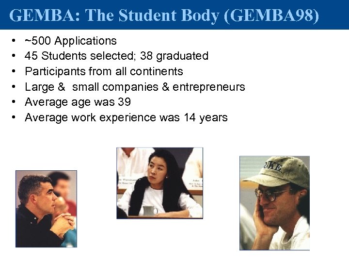 GEMBA: The Student Body (GEMBA 98) • • • ~500 Applications 45 Students selected;