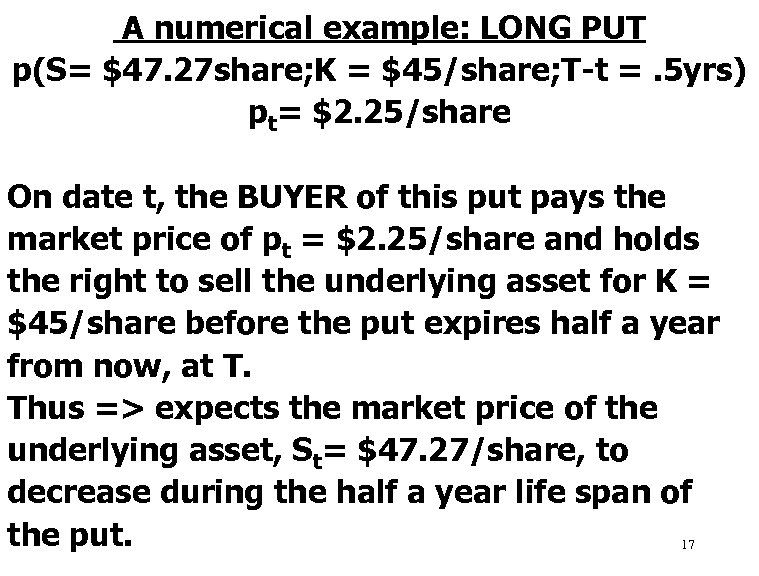  A numerical example: LONG PUT p(S= $47. 27 share; K = $45/share; T-t