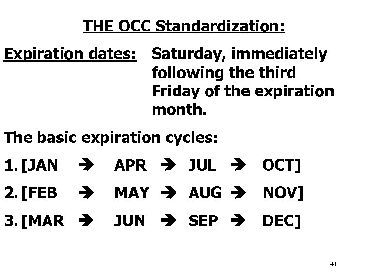THE OCC Standardization: Expiration dates: Saturday, immediately following the third Friday of the expiration