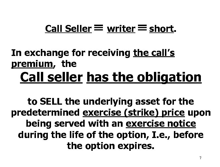 Call Seller writer short. In exchange for receiving the call’s premium, the Call seller