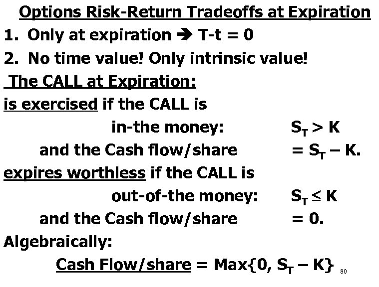 Options Risk-Return Tradeoffs at Expiration 1. Only at expiration T-t = 0 2. No