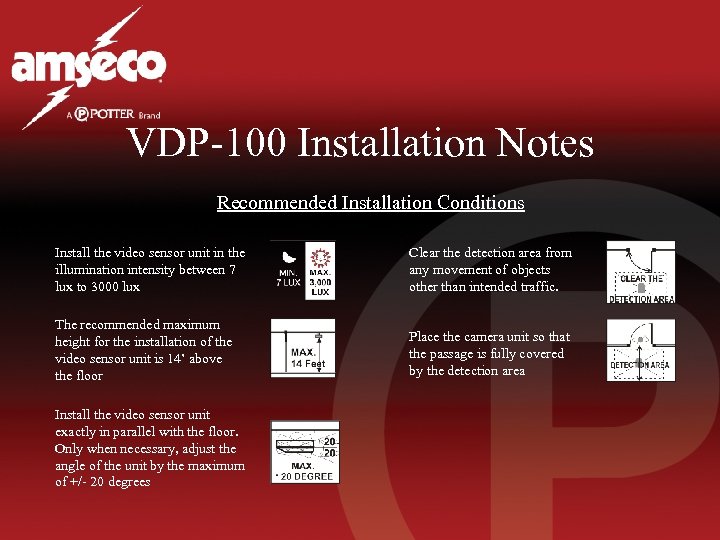 VDP-100 Installation Notes Recommended Installation Conditions Install the video sensor unit in the illumination