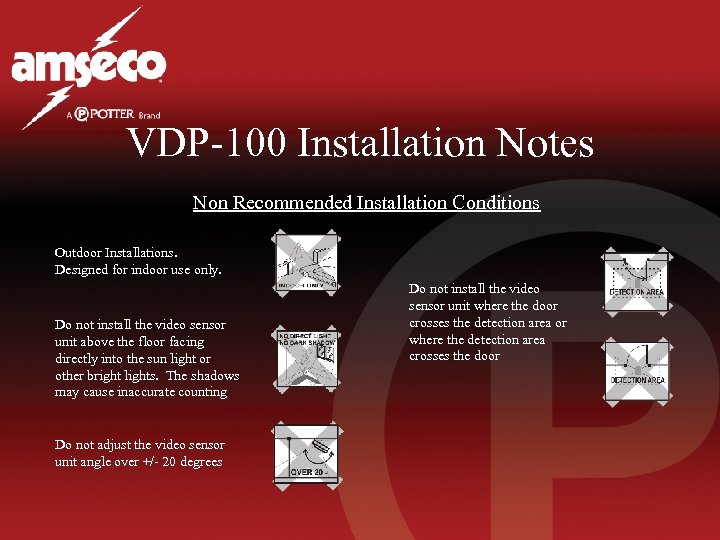 VDP-100 Installation Notes Non Recommended Installation Conditions Outdoor Installations. Designed for indoor use only.