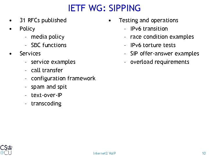 IETF WG: SIPPING • • • 31 RFCs published Policy – media policy –