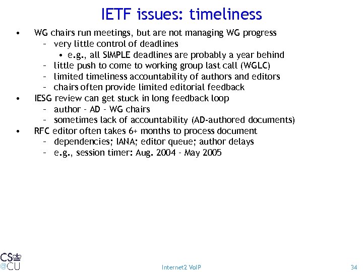 IETF issues: timeliness • • • WG chairs run meetings, but are not managing