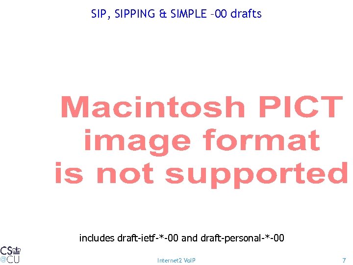 SIP, SIPPING & SIMPLE – 00 drafts includes draft-ietf-*-00 and draft-personal-*-00 Internet 2 Vo.