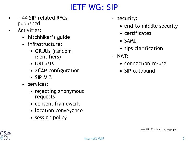 IETF WG: SIP • • ~ 44 SIP-related RFCs published Activities: – hitchhiker’s guide
