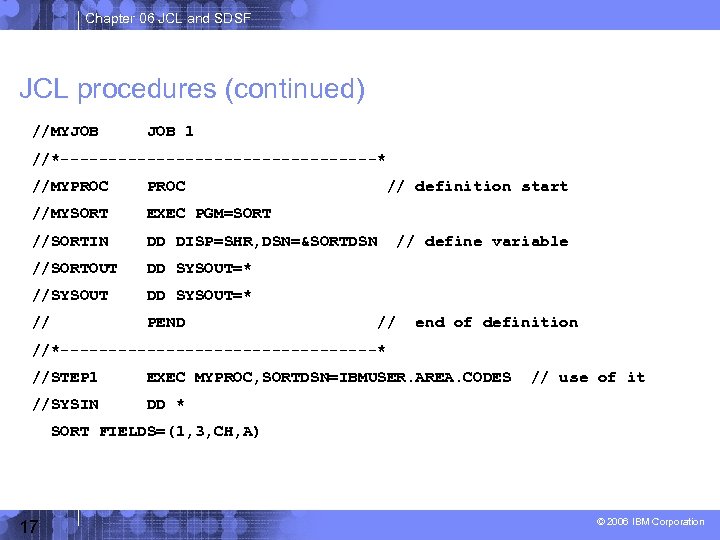 Chapter 06 JCL and SDSF JCL procedures (continued) //MYJOB 1 //*-----------------* //MYPROC //MYSORT EXEC