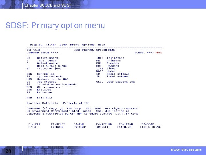 Chapter 06 JCL and SDSF: Primary option menu 28 © 2006 IBM Corporation 