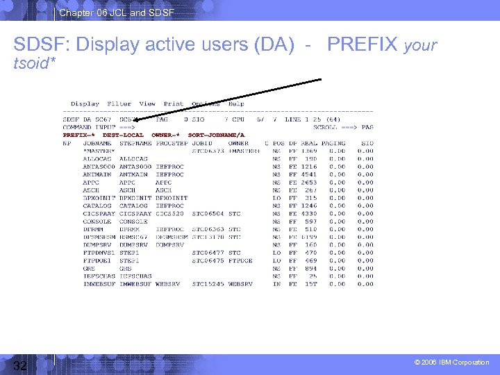 Chapter 06 JCL and SDSF: Display active users (DA) - PREFIX your tsoid* 32