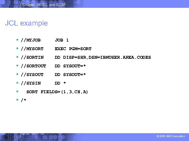 Chapter 06 JCL and SDSF JCL example //MYJOB 1 //MYSORT EXEC PGM=SORT //SORTIN DD