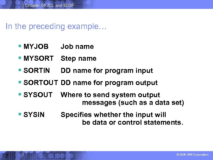 Chapter 06 JCL and SDSF In the preceding example… MYJOB Job name MYSORT Step