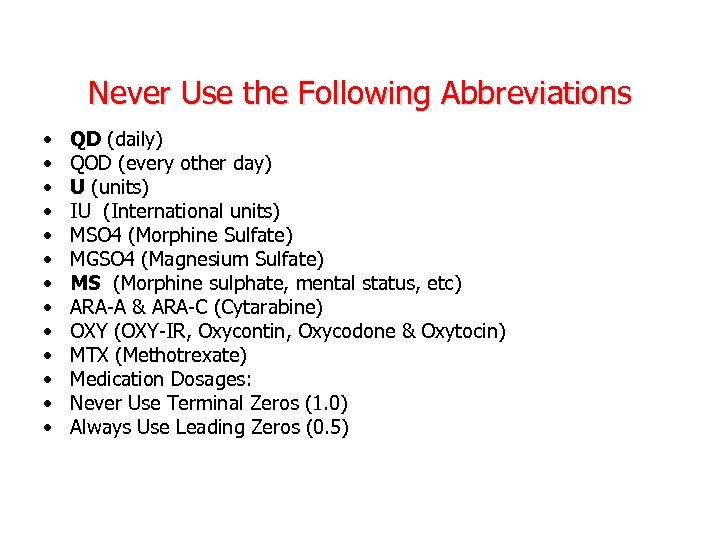 Never Use the Following Abbreviations • • • • QD (daily) QOD (every other