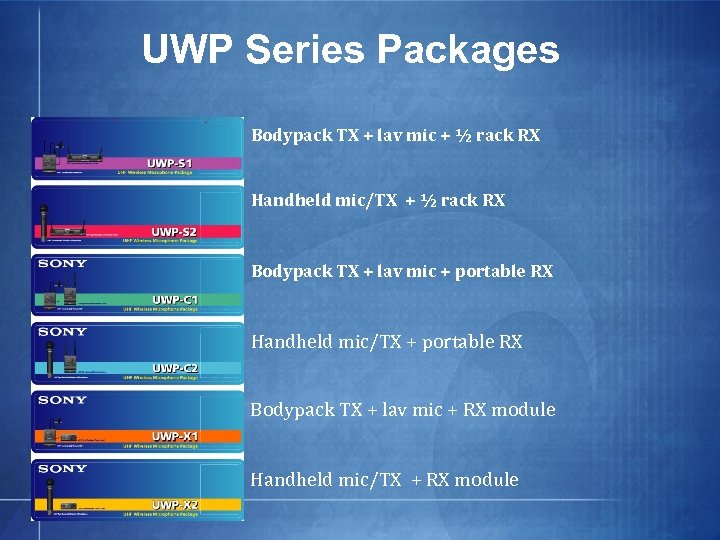 UWP Series Packages Bodypack TX + lav mic + ½ rack RX Handheld mic/TX