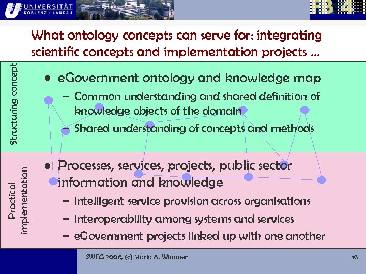 Practical implementation Structuring concept What ontology concepts can serve for: integrating scientific concepts and