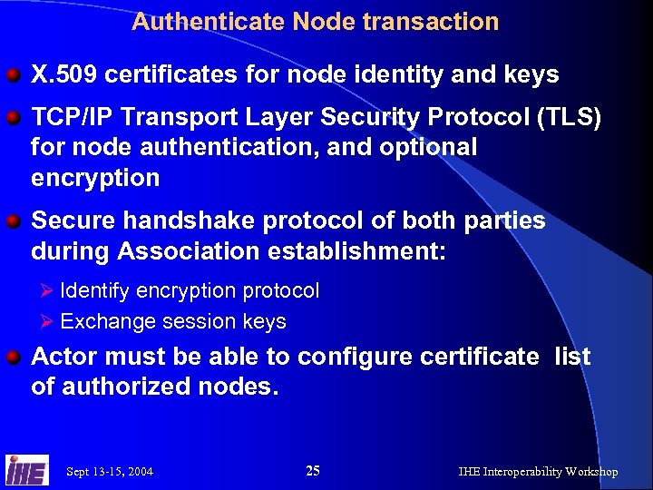 Authenticate Node transaction X. 509 certificates for node identity and keys TCP/IP Transport Layer