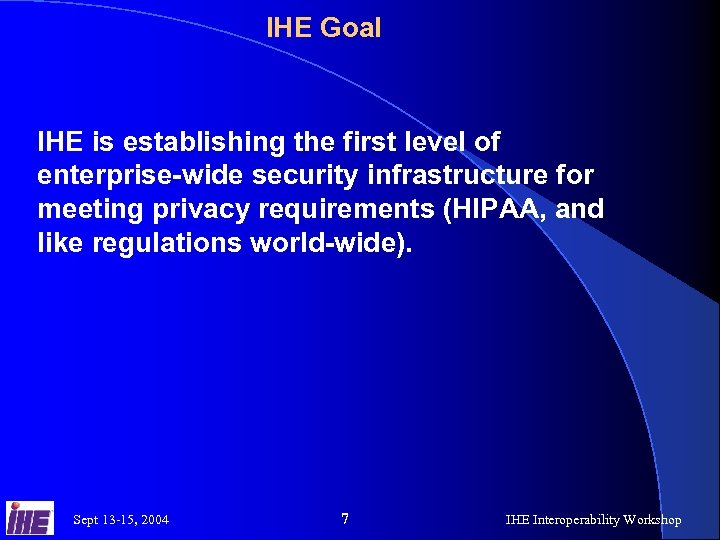 IHE Goal IHE is establishing the first level of enterprise-wide security infrastructure for meeting