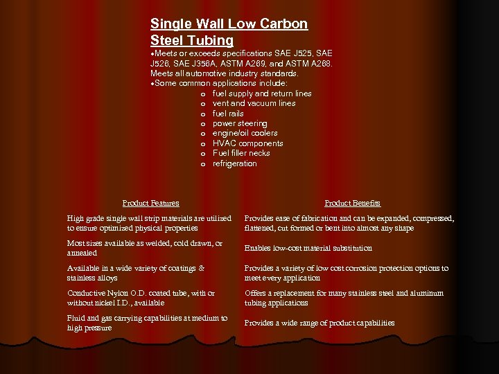 Single Wall Low Carbon Steel Tubing Meets or exceeds specifications SAE J 525, SAE