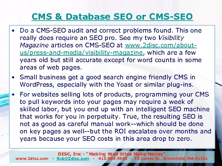 CMS & Database SEO or CMS-SEO • Do a CMS-SEO audit and correct problems