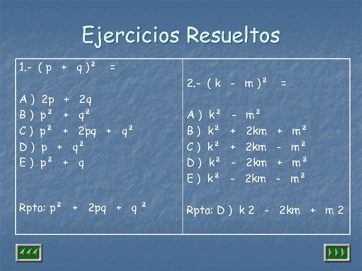 Ejercicios Resueltos 1. - ( p + q )² = 2. - ( k