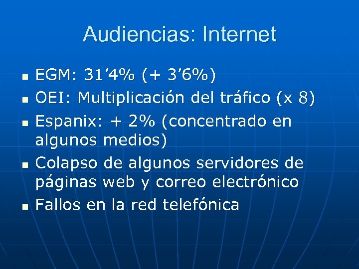 Audiencias: Internet n n n EGM: 31’ 4% (+ 3’ 6%) OEI: Multiplicación del